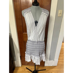 Veronica Beard Sleeveless Smocked Mini Dress Blue White Stripe Ruffle Hem Size S